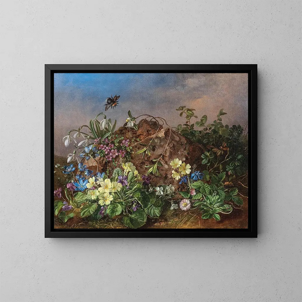 vårblommor med humla - Theodor Petter — inramlat konstverk på väggen