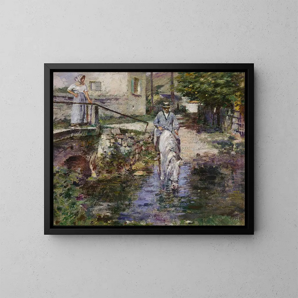 Pré Trognon och hennes dotter vid bron - Theodore Robinson — inramlat konstverk på väggen