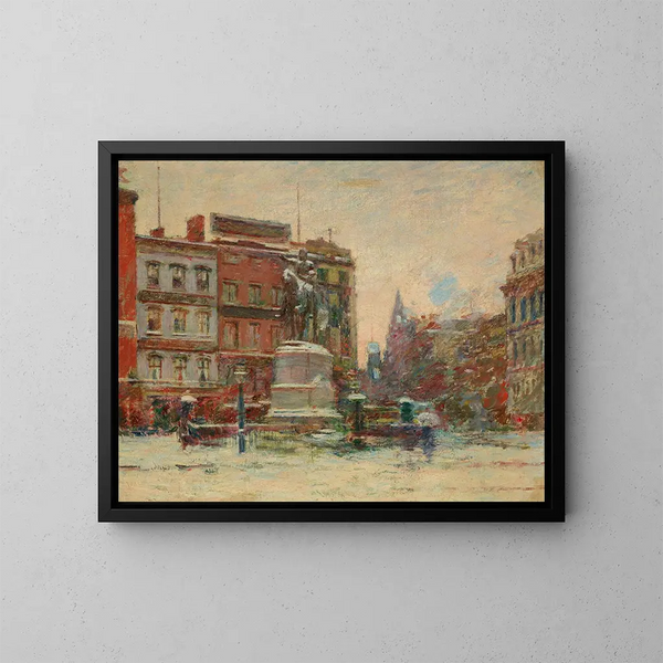 Washington-monumentet vid Union Square på vintern - Theodore Robinson — inramlat konstverk på väggen