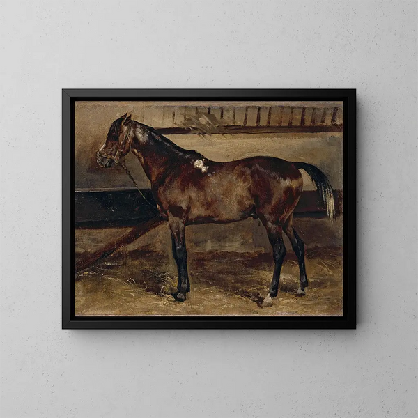 en brun häst i stallet - Théodore Géricault — inramlat konstverk på väggen