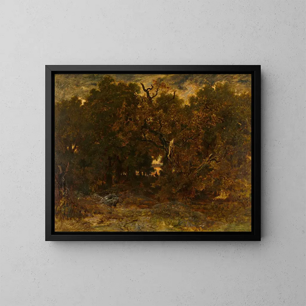 utgången ur Fontainebleau-skogen vid solnedgången - Théodore Rousseau — inramlat konstverk på väggen