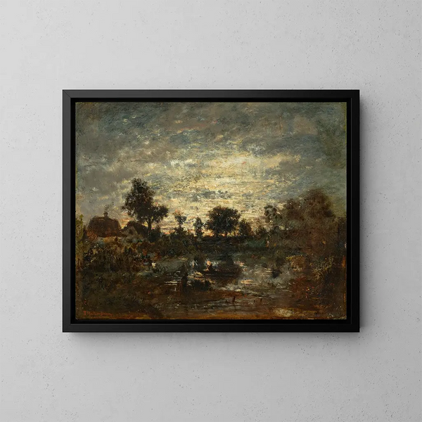 L'étang au coucher de soleil - Théodore Rousseau — inramlat konstverk på väggen