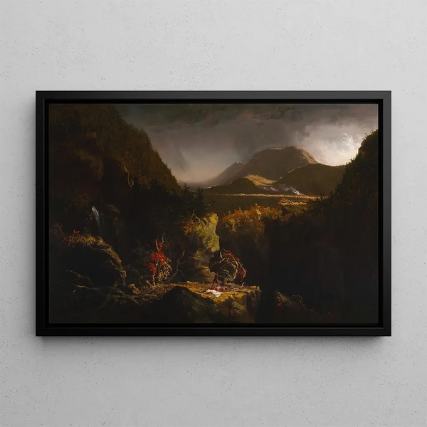 Landskap med figurer, en scen från Den siste Mohikanen - Thomas Cole — inramlat konstverk på väggen