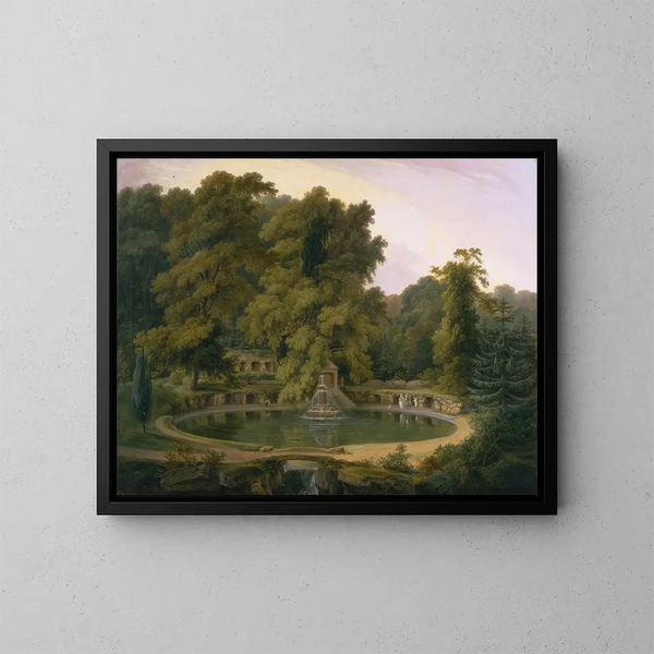 Fontaine och grotta i templet i Sezincote-parken - Thomas Daniell — inramlat konstverk på väggen