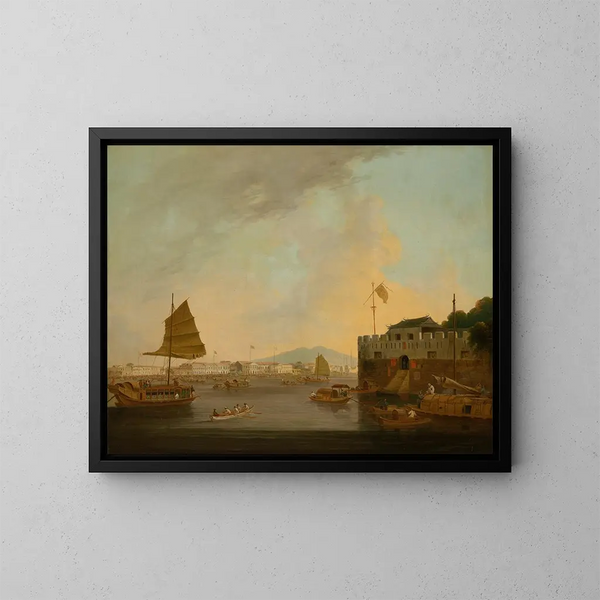 Les usines européennes et la folie néerlandaise au fort Canton depuis le sud-ouest de la rivière Canton - Thomas Daniell — inramlat konstverk på väggen