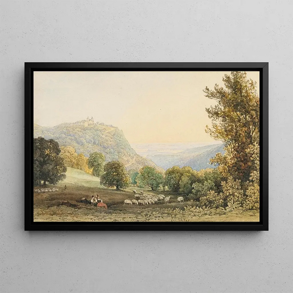 Thomas Ender - View of Leopoldsberg with resting women and sheep in the foreground.webp