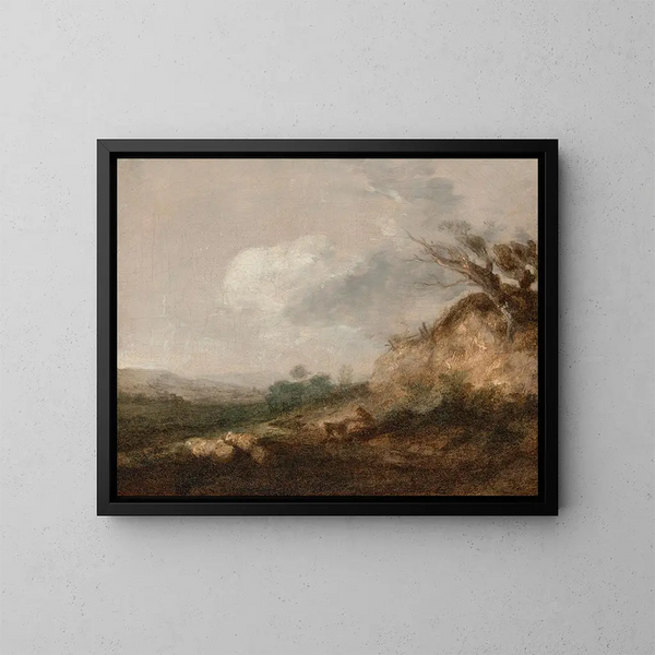 En herde och hans hund i ett landskap, hans hjord vilar nära en sanddyn i förgrunden - Thomas Gainsborough — inramlat konstverk på väggen