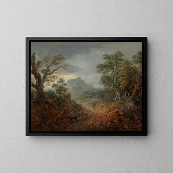 En skogig landskap med åsnor och personer på en väg - Thomas Gainsborough — inramlat konstverk på väggen