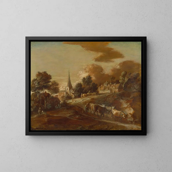En fantasifull skogsbyn med boskapsdrivare och boskap - Thomas Gainsborough — inramlat konstverk på väggen
