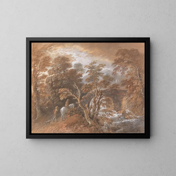Landskapsmålning med böljande landskap och figurer som närmar sig en bro - Thomas Gainsborough — inramlat konstverk på väggen