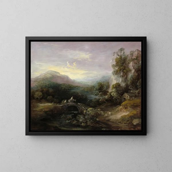 landskapsbild av berg med bro - Thomas Gainsborough — inramlat konstverk på väggen