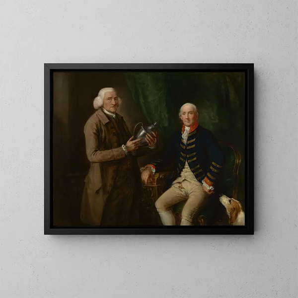 William Anne Hollis, 4:e earl av Essex, som visar en skål till Thomas Clutterbuck från Watford - Thomas Gainsborough — inramlat konstverk på väggen