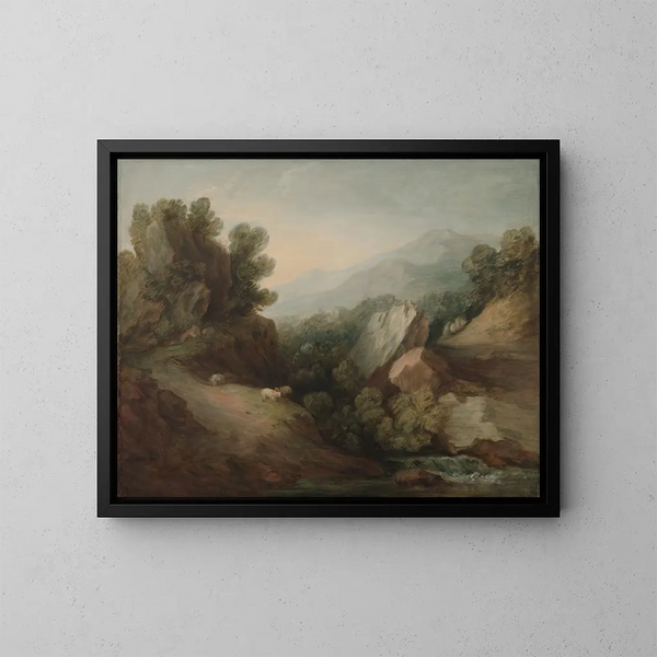 landskapsbild med skog, klippor, dal och damm - Thomas Gainsborough — inramlat konstverk på väggen