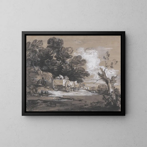 landskapsbild med skog, vagn och figurer - Thomas Gainsborough — inramlat konstverk på väggen