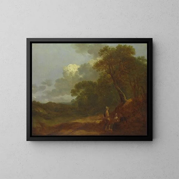 landskapsbild med skog och en man som talar med två kvinnor sittande - Thomas Gainsborough — inramlat konstverk på väggen