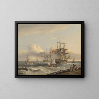 Thomas Luny - A British 74 unfurling its sails as it prepares to leave the anchorage with a frigate and various coastal craft beyond.webp