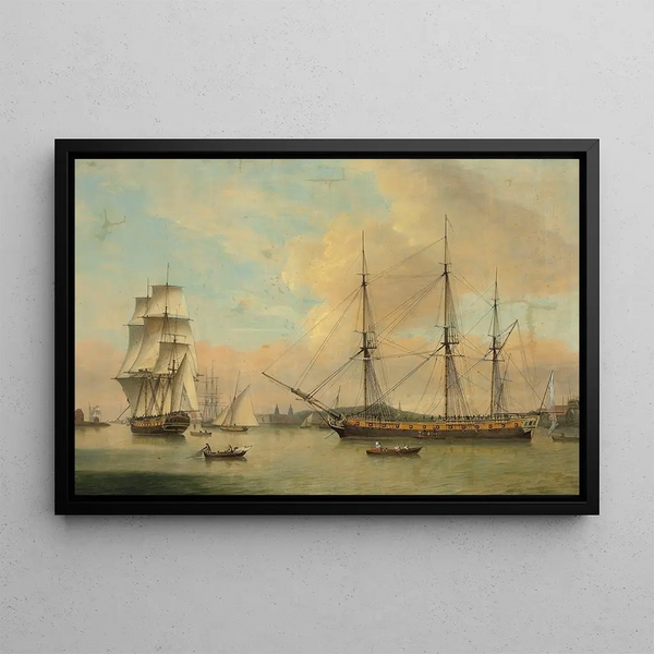 Thomas Luny - The Monsieur in two positions off Deptford dockyard with Greenwich beyond.webp