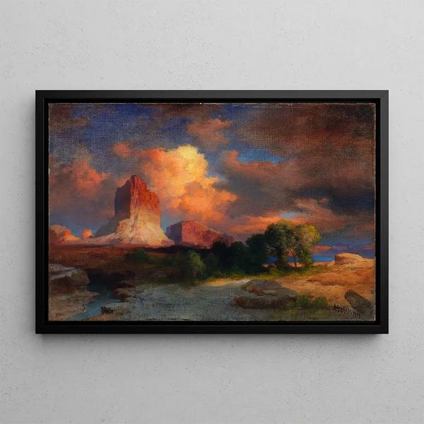 moln vid solnedgång vid den gröna floden Wyoming - Thomas Moran — inramlat konstverk på väggen