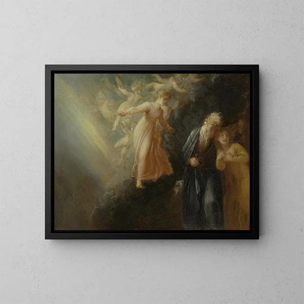 Prospero, Miranda och Ariel i Stormen, akt I, scen II - Thomas Stothard — inramlat konstverk på väggen