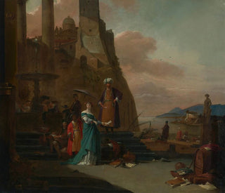 Thomas Wijck - Elegant figures including a man in Turkish dress on the quay of a Mediterranean port.webp