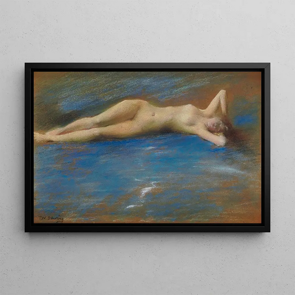 en ung flicka liggande - Thomas Wilmer Dewing — inramlat konstverk på väggen