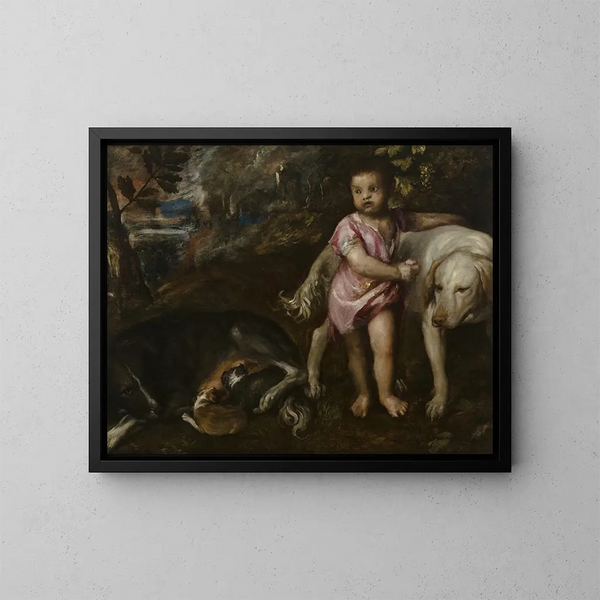 pojke med hundar i ett landskap - Titian — inramlat konstverk på väggen