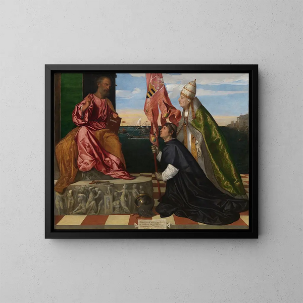 Le pape Alexandre VI présentant l'évêque Jacopo Pesaro à saint Pierre - Titien — inramlat konstverk på väggen