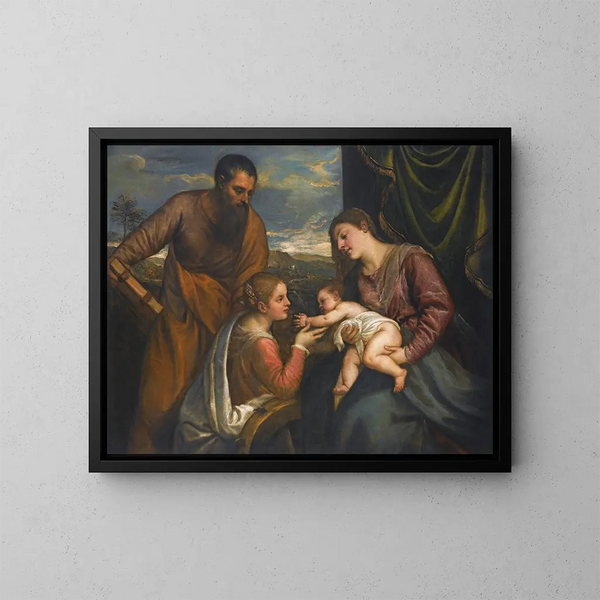La Vierge à l'Enfant avec les saints Luc et Catherine d'Alexandrie - Titien — inramlat konstverk på väggen
