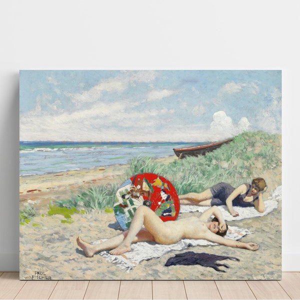Reproduktion av målningen av två flickor och en japansk parasoll på Hornbæk strand - Paul Fischer