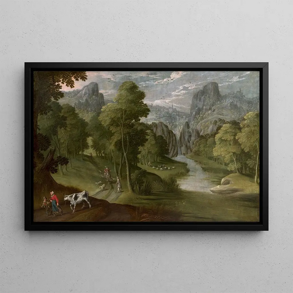 Landskap med berg och figurer - Tobias Verhaecht — inramlat konstverk på väggen
