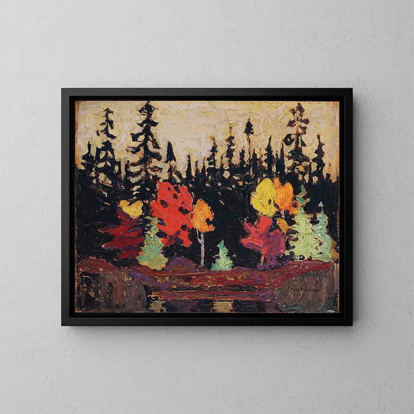 svart gran och lönn - Tom Thomson — inramlat konstverk på väggen