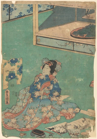 Toyokuni Utagawa - Woman in kimono of blue shaded as a background for elaborate embroidery of pink peonies.webp