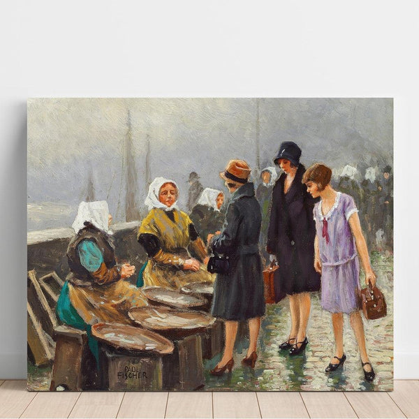 Trois jeunes dames achètent du poisson frais à Gammel Strand - Paul Fischer | Reproduction Tableau Décoration murale affiche copie