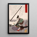 Kat Kazue no kami Kiyomasa knäböjande bredvid en banner - Tsukioka Yoshitoshi — inramlat konstverk på väggen