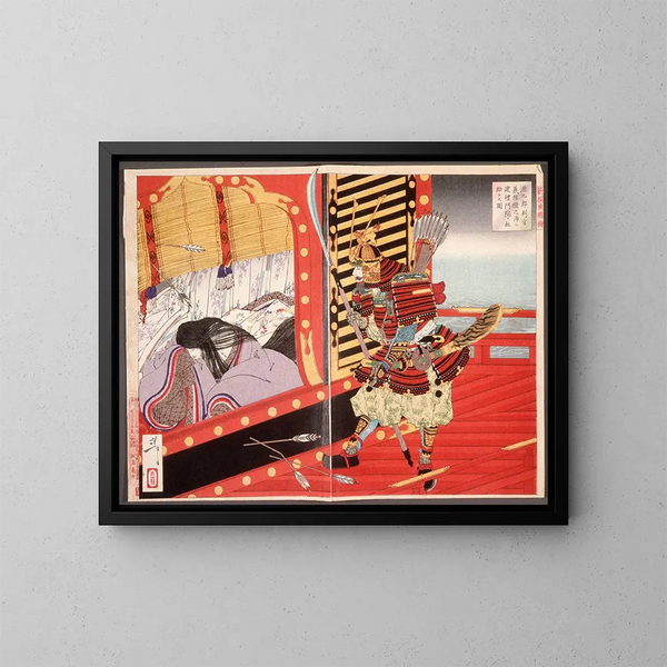 Minamoto no Yoshitsune som räddar Kenrei Monin under slaget vid Dannoura - Tsukioka Yoshitoshi — inramlat konstverk på väggen