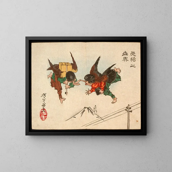 Messagers Tengu som krockar i full fart - Tsukioka Yoshitoshi — inramlat konstverk på väggen