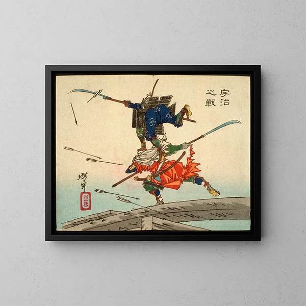La bataille au pont d'Uji - Tsukioka Yoshitoshi — inramlat konstverk på väggen