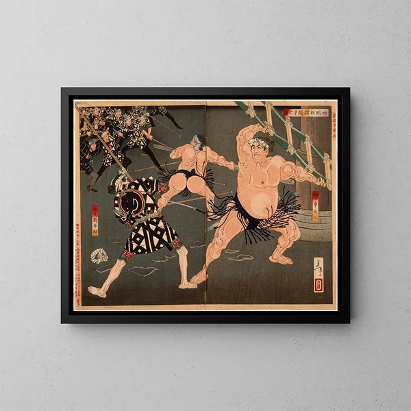 Duel mellan Yotsuguruma Daihachi och Kotengu Heisuke under kampen mellan wrestlers och brandmän vid Shinmei-helgedomen - Tsukioka Yoshitoshi — inramlat konstverk på väggen