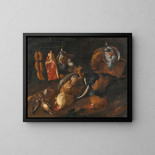 Tuscan School - A Still Life With Game And Meats Hanging On A Rail With Other Birds In A Basket And On The Ground.webp