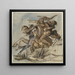 En bearded man accompanied by a bird on a galloping horse, three figures trying to knock down the other - Victor Müller — inramlat konstverk på väggen