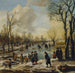 ett vinterlandskap med bybor som åker skridskor och spelar kolf på en frusen kanal, en by i fjärran - Aert van der Neer — vy av konstverket