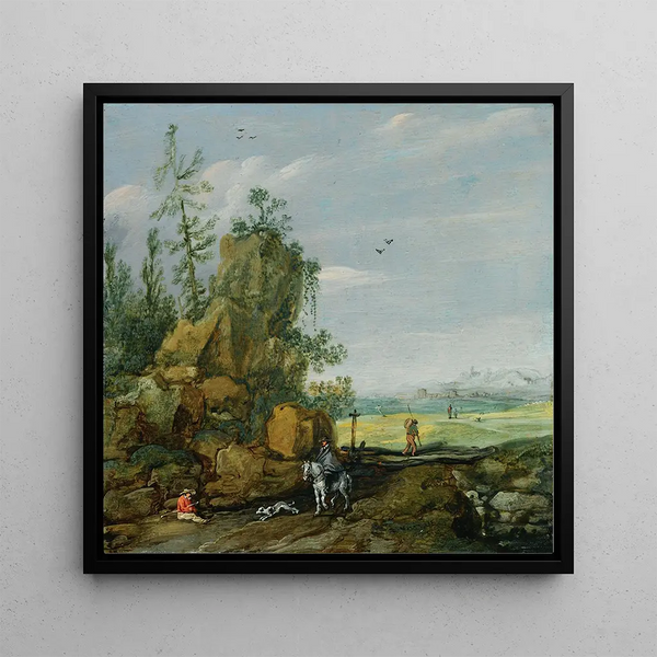 Un paysage rocheux avec des voyageurs et un cavalier sur un chemin, vue d'une ville au loin - Esaias van de Velde