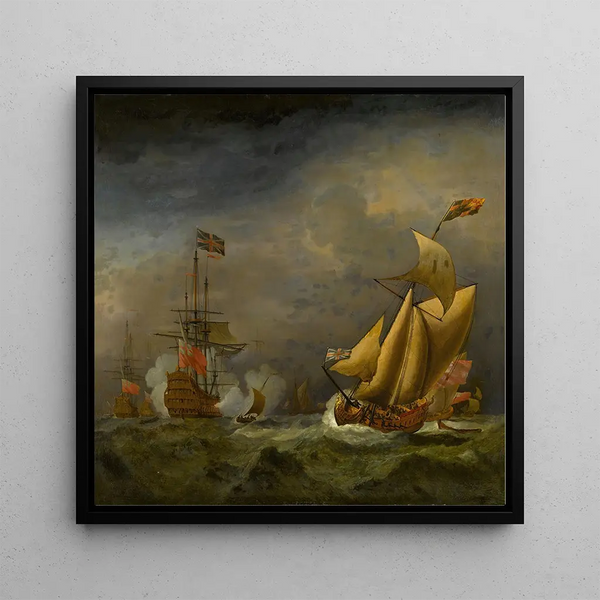 Un vaisseau de guerre anglais saluant un yacht royal anglais dans des mers agitées - Cercle de Willem van de Velde le Jeune