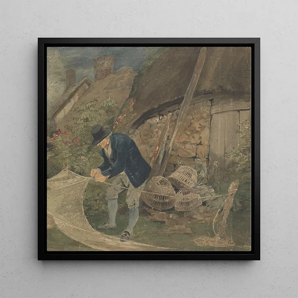 Un vieux pêcheur réparant des filets avec une maison en arrière-plan - John Thirtle