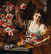 En ung kvinna som plockar en blomma ur en vas - Abraham Brueghel — vy av konstverket