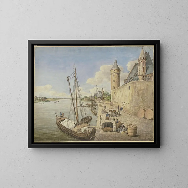 Le fleuve Main à Francfort-sur-le-Main avec l'église Saint-Léonard - Ursula Magdalena Reinheimer — inramlat konstverk på väggen