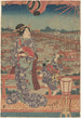 kvinna och barn i lila kimono som blickar över båtar och en bro - Utagawa Kunisada Toyokuni III — vy av konstverket