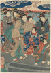 med sju kvinnliga figurer, två paraplyer, floden i bakgrunden - Utagawa Kuniyoshi — vy av konstverket