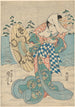 snöscen med kvinnlig figur i flytande blågrön och rosa klänning - Utagawa Kuniyoshi — vy av konstverket