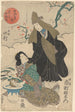 Snöscen i december Flicka och kvinna med olivgrön huva och fan - Utagawa Kuniyoshi — vy av konstverket